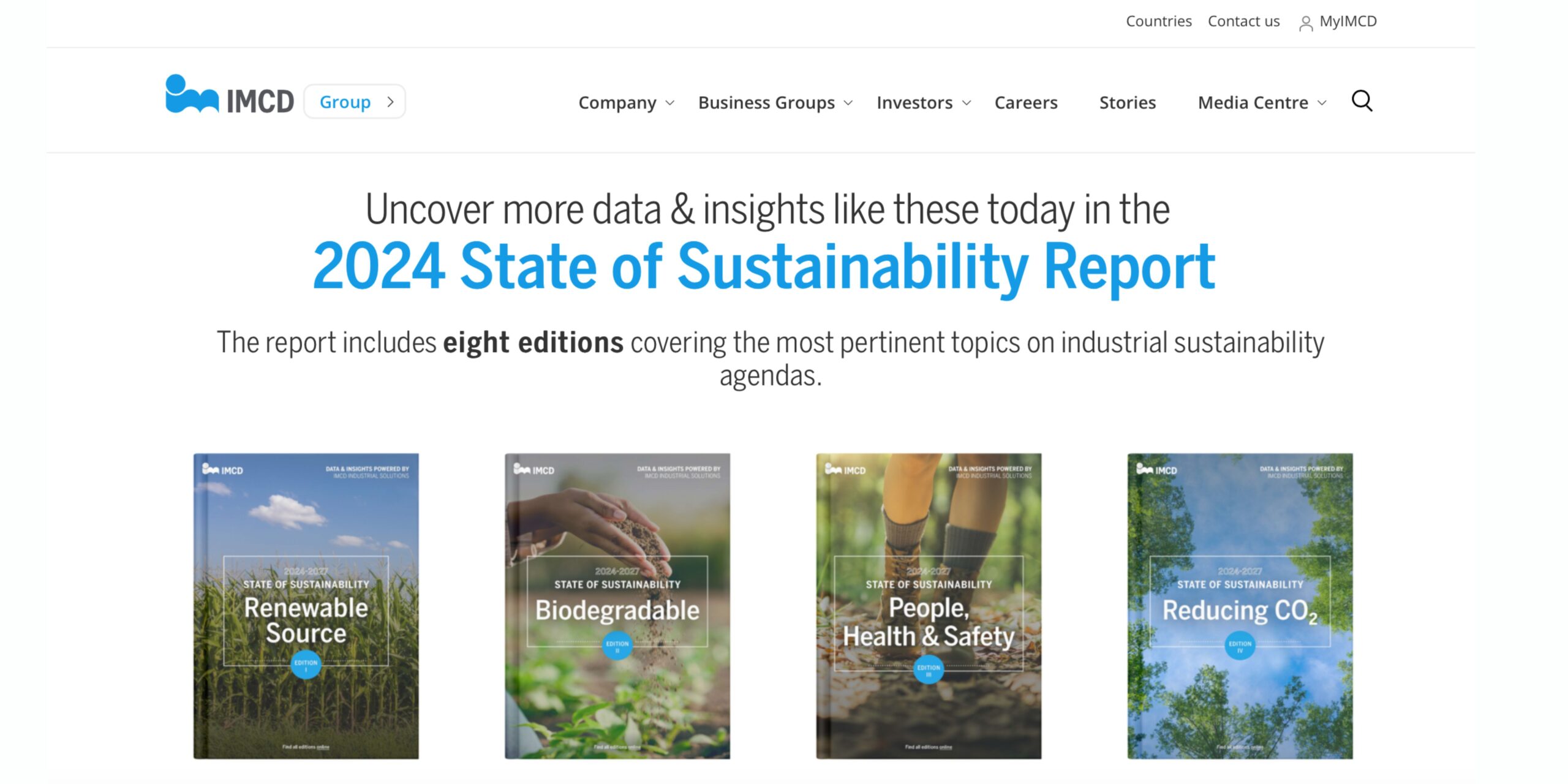 Screenshot of partial webpage. An IMCD webpage titled "2024 State of Sustainability Report" displays four of the eight sub reports that users can download. 